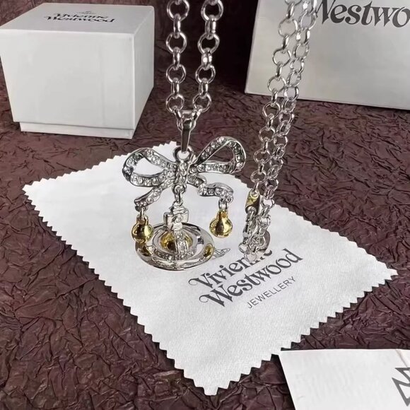 Vivienne Westwood Bow Orb Necklace – Silver/Gold, Crystal Detail - Picture 1 of 5